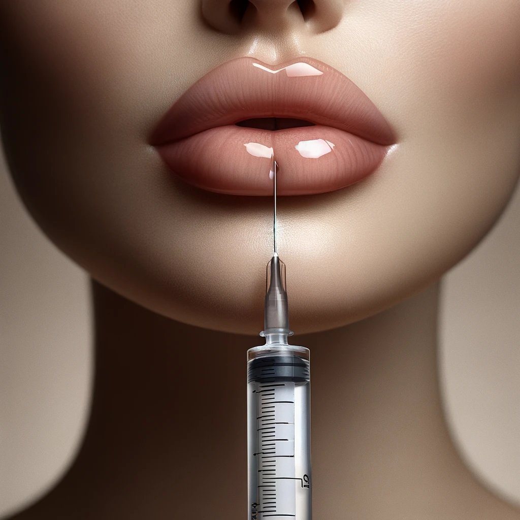 DALL·E 2024-03-08 18.23.59 - A close-up image of a syringe filled with a clear, gel-like substance, poised above a pair of full, plump lips to suggest the application of lip fille