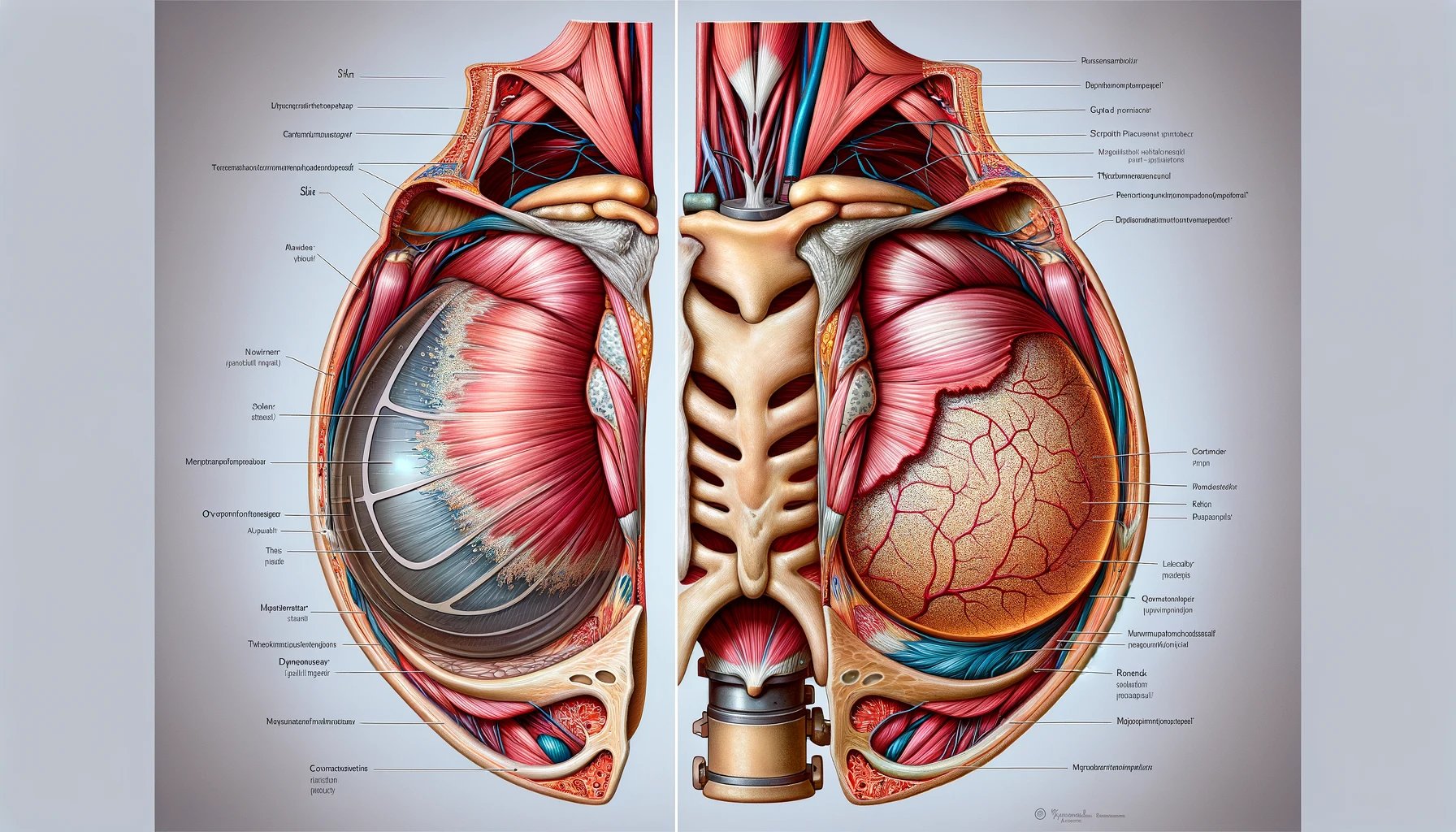 DALL·E 2024-03-22 23.06.00 - A highly detailed and anatomically accurate illustration showing the difference between over and under the muscle breast implants. The image should be